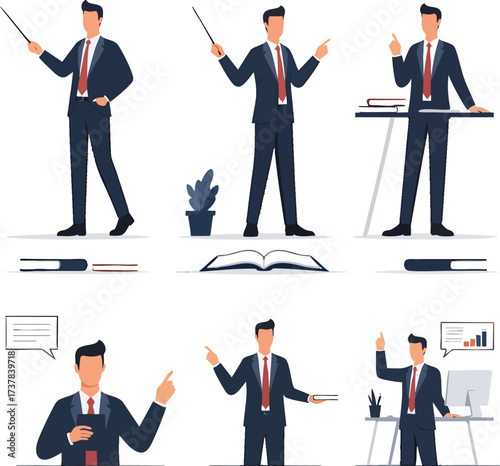 Businessman character set in a dark suit and red tie shown in various professional presentation poses.
