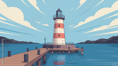 Illustration of a red and white striped lighthouse on a pier under a cloudy blue sky near mountains