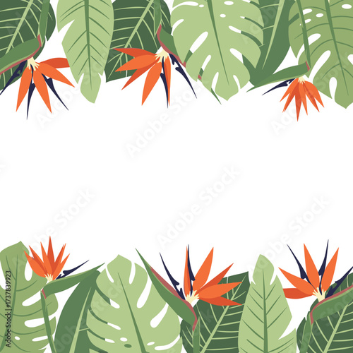 A vibrant frame of exotic tropical leaves and bird of paradise flowers.