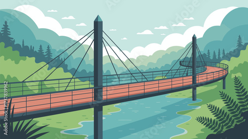 Illustration of a suspension bridge over a river with mountains and trees in the background landscape