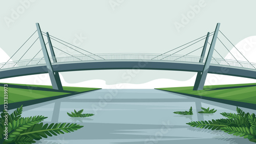 A simplistic illustration of a cable stayed bridge over a river with green banks and some plants visible