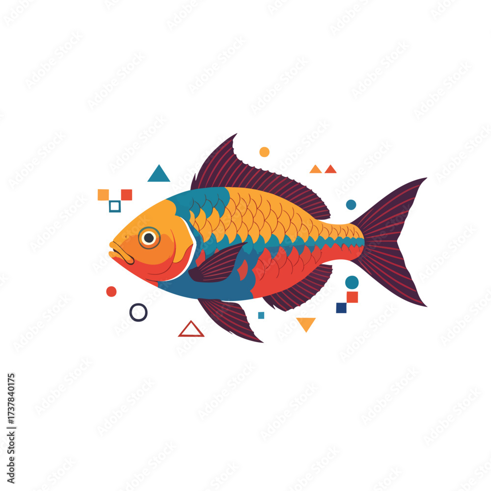 Fototapeta premium Colorful stylized fish illustration with geometric patterns and abstract decorative elements.