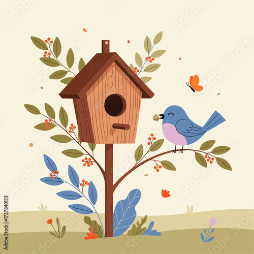 A small blue bird perches on a tree branch with a nut in its beak beside a wooden birdhouse.
