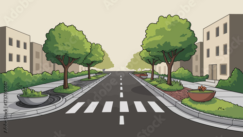 A cartoon illustration of a street with buildings trees and crosswalk in a suburban neighborhood scene view