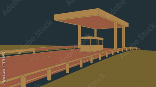 A low angle view of a toll booth on a bridge with a dark blue sky in a stylized cartoon rendering