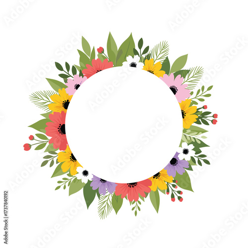 A beautiful circular arrangement of colorful flowers and green leaves forms a vibrant floral wreath design.