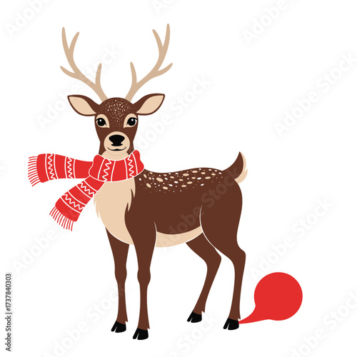 A festive reindeer wearing a red scarf stands proudly in the snow and releases a cloud of red mist from behind.
