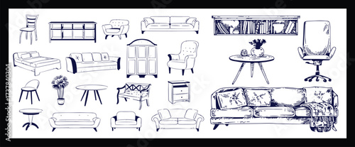 Doodle sketch of living room furniture, hand-drawn in different sizes and types, modern and vintage. Scandinavian furniture Interior elements Boho style. Vector illustration