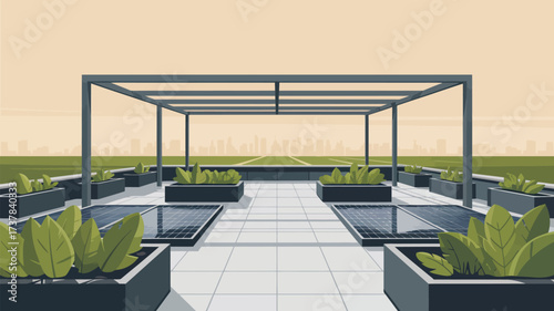 A rooftop garden with solar panels and plants in containers with a city skyline in the background view