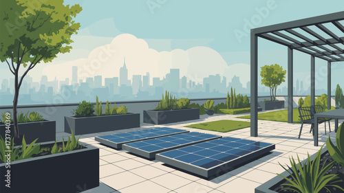 A rooftop garden with solar panels, planters, pergola, and a city skyline in the background artwork