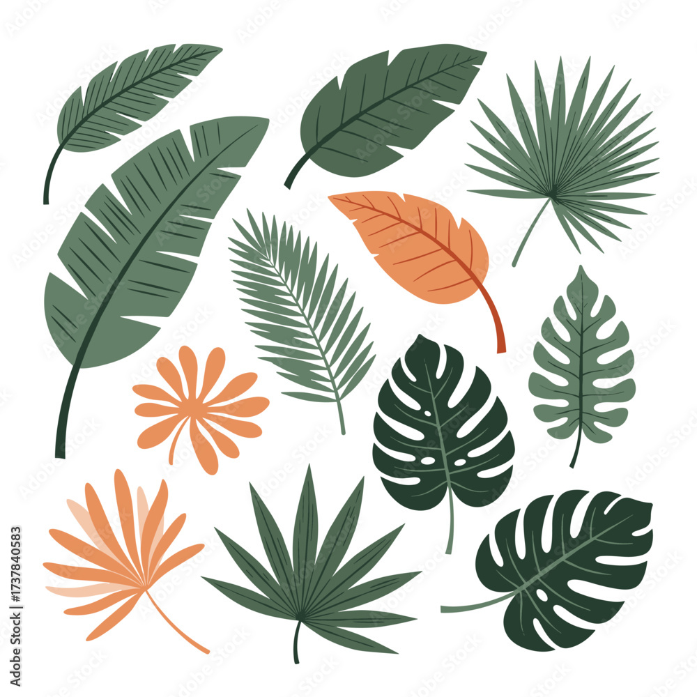 Naklejka premium A collection of various tropical plant leaves in green and orange colors.