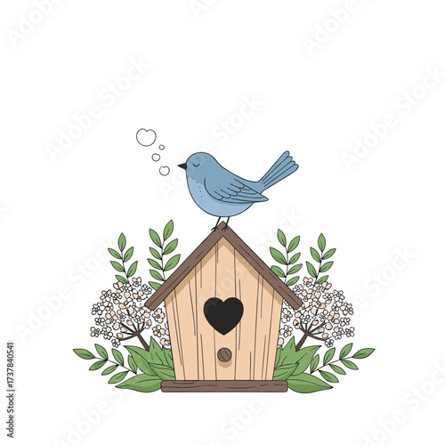A charming blue bird sits perched atop a rustic wooden birdhouse adorned with a heart-shaped opening and surrounded by delicate floral greenery.