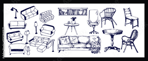 Doodle sketch of living room furniture, hand-drawn in different sizes and types, modern and vintage. Scandinavian furniture Interior elements Boho style. Vector illustration