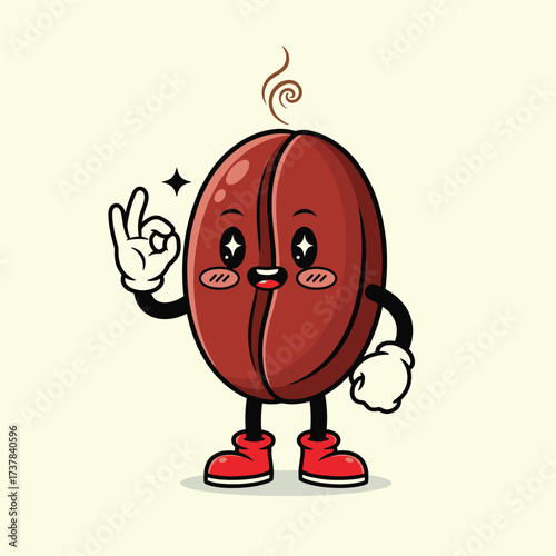 A cute cartoon coffee bean character giving a perfect gesture with happy eyes.