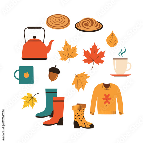 Cozy autumn elements featuring warm drinks baked goods and seasonal clothing.