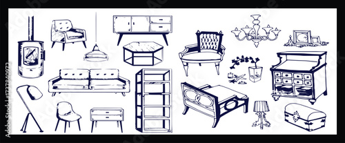 Doodle sketch of living room furniture, hand-drawn in different sizes and types, modern and vintage. Scandinavian furniture Interior elements Boho style. Vector illustration