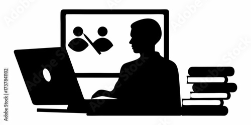 Focused student attending online class with laptop and books, learning new skills, embracing technology, remote education for academic success, silhouette study