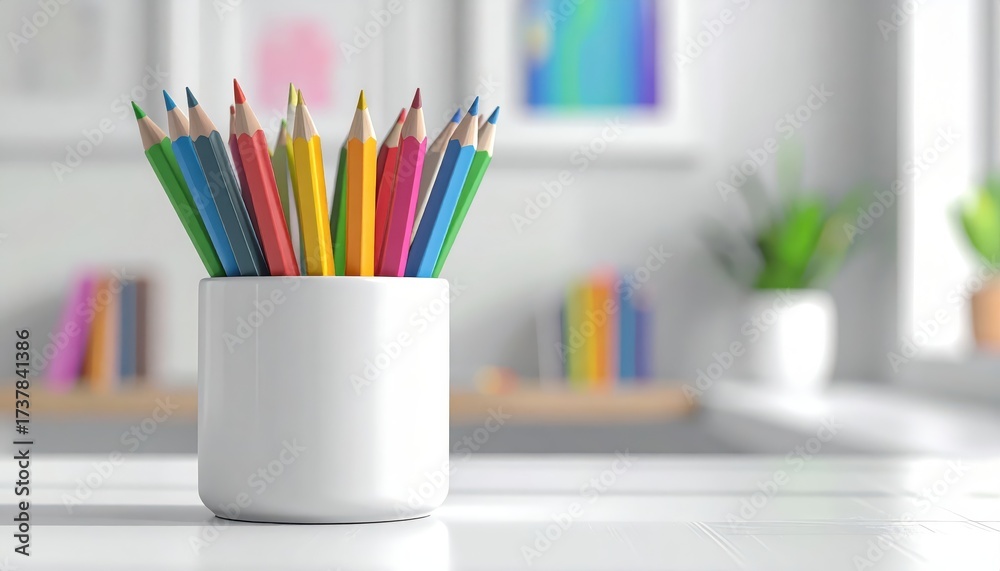 Obraz premium Colorful pencils stand upright inside a white ceramic container, showcasing a vibrant array of colors against a blurred backdrop of a bright, well-lit interior space, with hints of framed art and...