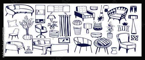 Doodle sketch of living room furniture, hand-drawn in different sizes and types, modern and vintage. Scandinavian furniture Interior elements Boho style. Vector illustration
