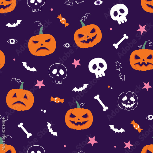 A spooky Halloween pattern featuring pumpkins skulls bats and candy.