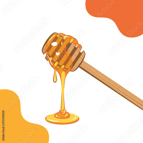 Sweet golden honey dripping from a wooden dipper creating a delicious puddle on a white background with abstract orange shapes.