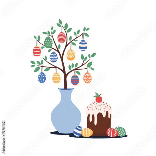 Decorated easter eggs on a tree and a cake on a vase and decorated eggs in the foreground.