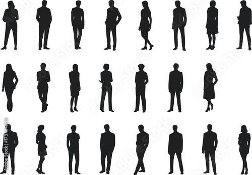 Business people in professional attire, standing poses, diverse gestures, office fashion, workplace concept, leadership, communication, flat vector illustration