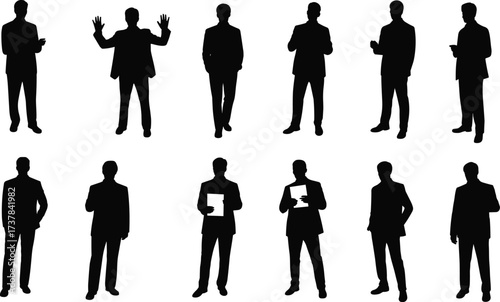 Business silhouettes, professional attire, corporate roles, career choice, team members, mobile device, paper holding, gesture pose, selection process