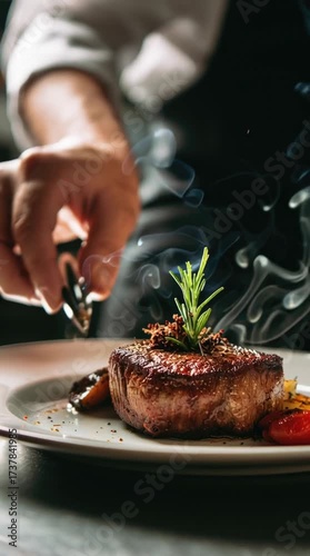 Chef plating a sizzling steak with rosemary