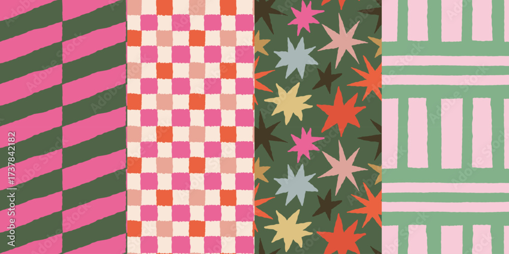 Vector set of seamless patterns – abstract hand-drawn quirky doodles, striped, plaid, and checkered designs – festive, party, and Christmas decorative wrapping paper and textile backgrounds