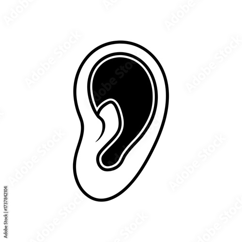 Illustration of a human ear in black and white on transparent background silhouette