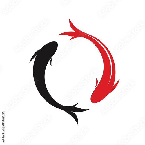 Two red and black koi fish swimming in a circular yin yang symbol.