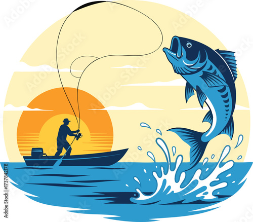 Vector illustration of a fisherman catching a large jumping bass fish from a boat at sunset.