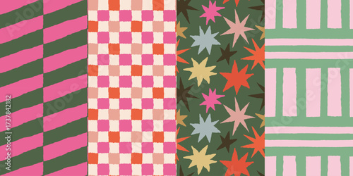 Vector set of seamless patterns – abstract hand-drawn quirky doodles, striped, plaid, and checkered designs – festive, party, and Christmas decorative wrapping paper and textile backgrounds