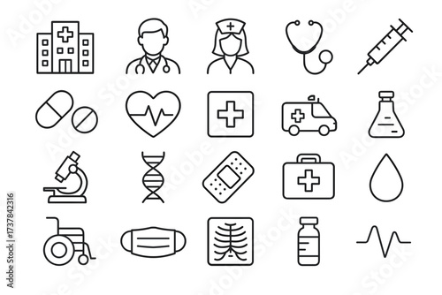 Vector outline icon set representing medical and healthcare elements. Includes hospital, doctor, nurse, stethoscope, syringe, pills