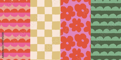 Vector set of seamless patterns – abstract hand-drawn quirky doodles, striped, plaid, and checkered designs – festive, party, and Christmas decorative wrapping paper and textile backgrounds