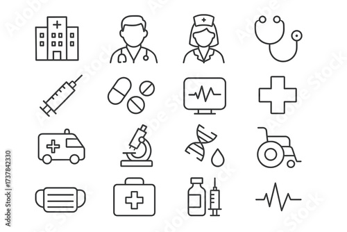 Vector outline icon set representing medical and healthcare elements. Includes hospital, doctor, nurse, stethoscope, syringe, pills