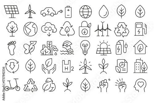 Linear vector icons set about sustainability, renewable energy, and environmental protection. Includes solar panels, wind turbines, recycling