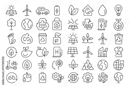 Linear vector icons set about sustainability, renewable energy, and environmental protection. Includes solar panels, wind turbines, recycling