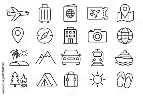 Travel and Tourism Line Icon Set – Vacation, Adventure, and Journey Symbols
