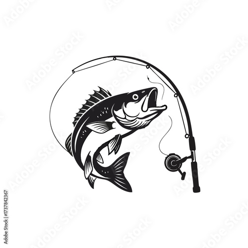 Vintage black and white illustration of a jumping bass fish caught on a bent fishing rod.