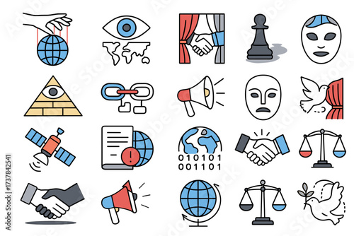 Power and Control Icon Set – Global Politics, Manipulation, Propaganda, Justice, and Freedom Concepts