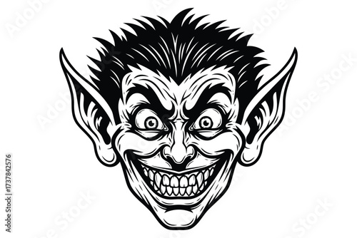 Vector art of a menacing goblin face with sharp teeth and pointy ears, its eyes wide with a sinister grin, a black and white illustration of a scary creature