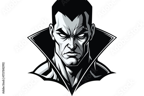 Illustration of a vampire head, featuring a menacing expression, sharp features, and a classic collar, ideal for halloween or gothicthemed designs