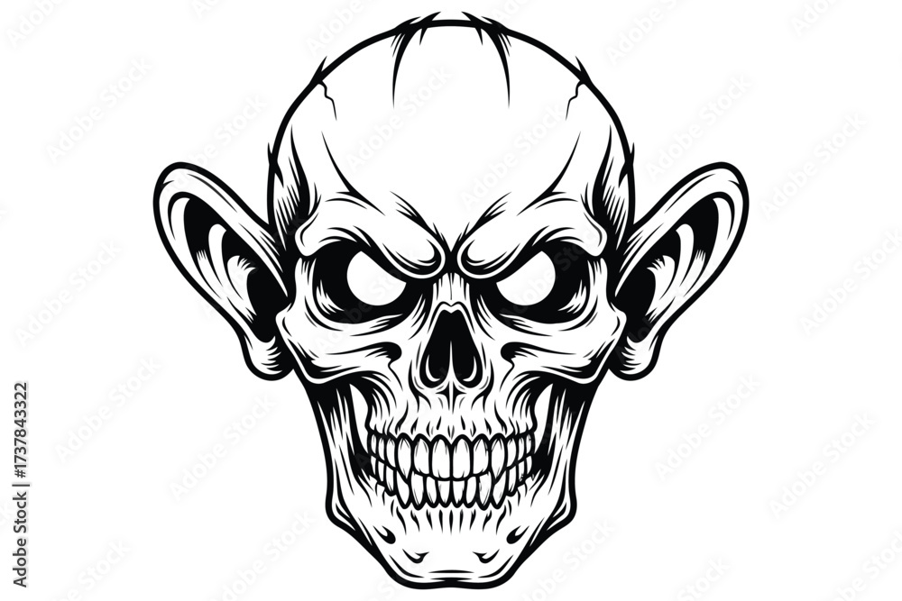 Fototapeta premium Vector art of creepy skull illustration with large ears and menacing eyes, perfect for halloween or horrorthemed designs