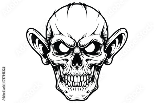 Vector art of creepy skull illustration with large ears and menacing eyes, perfect for halloween or horrorthemed designs