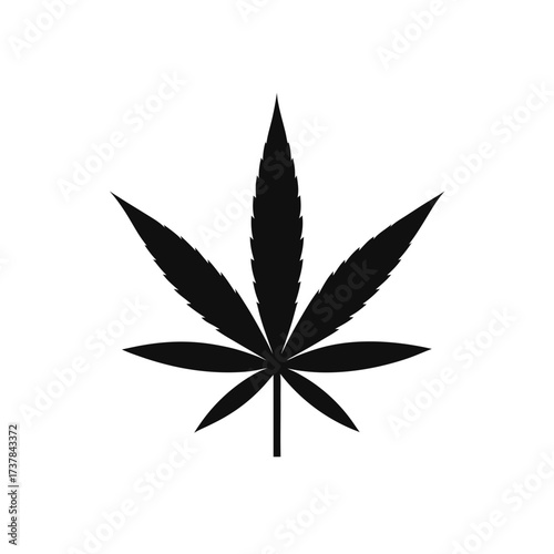 A single black cannabis leaf on white space on transparent background