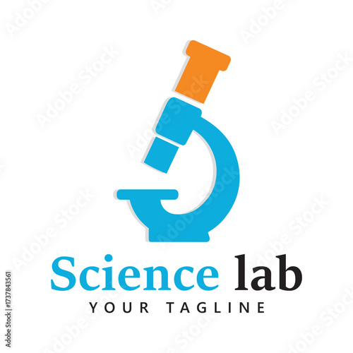 Science Lab Logo with Blue Microscope and Orange Eyepiece