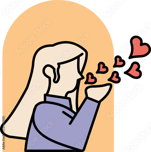 Cartoon illustration of a woman blowing hearts, symbolizing love and affection