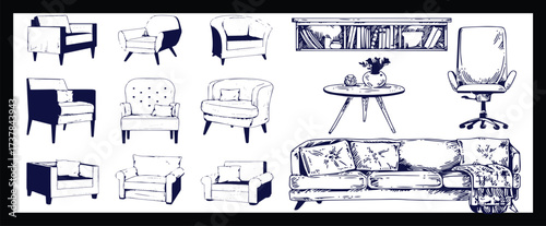 Doodle sketch of living room furniture, hand-drawn in different sizes and types, modern and vintage. Scandinavian furniture Interior elements Boho style. Vector illustration